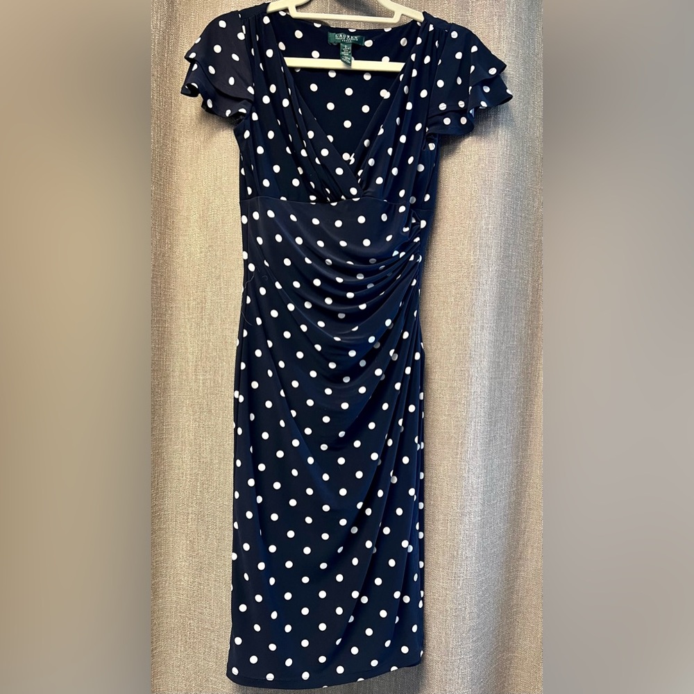 Lauren Ralph Lauren - Dark Navy Polkadot Dress -  Size 2 - Flutter Sleeve